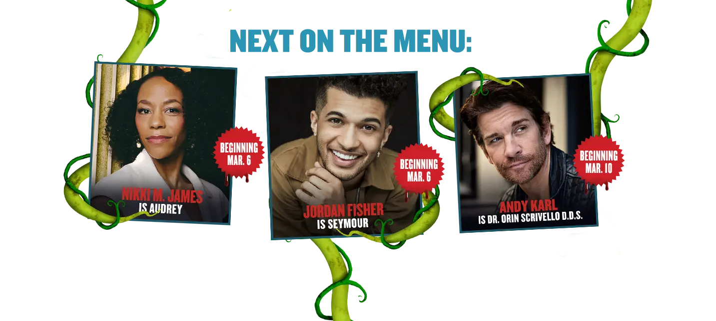 Scene from Little Shop of Horrors featuring Seymour confronting the giant Audrey II plant on stage at the Westside Theatre, with the tagline ‘Our talent is 100% fresh guaranteed.