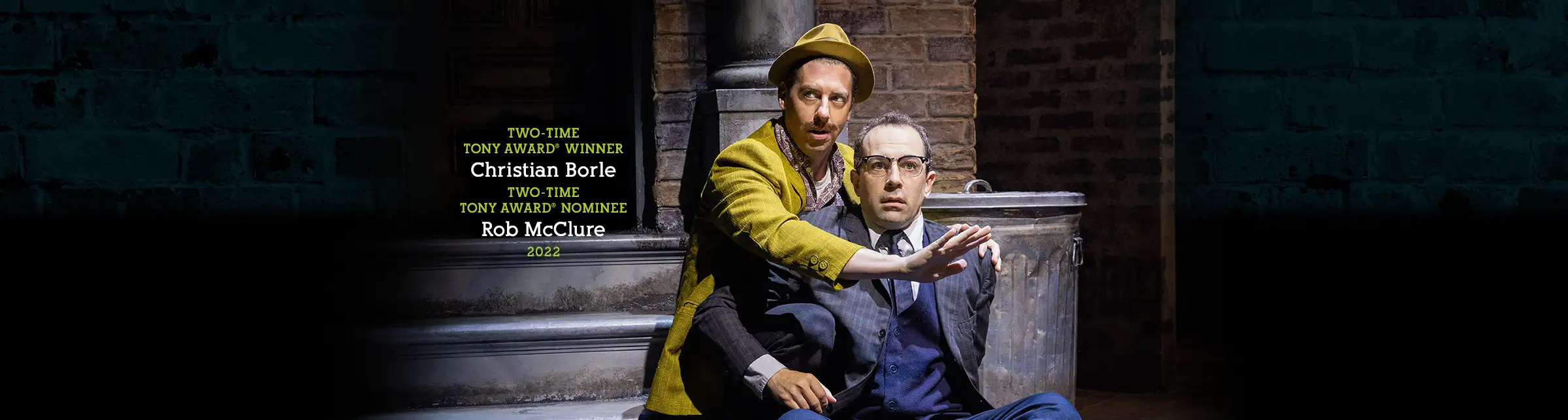 Christian Borle and Rob McClure in the 2022 Broadway cast of Little Shop of Horrors, performing in the award-winning musical revival.
