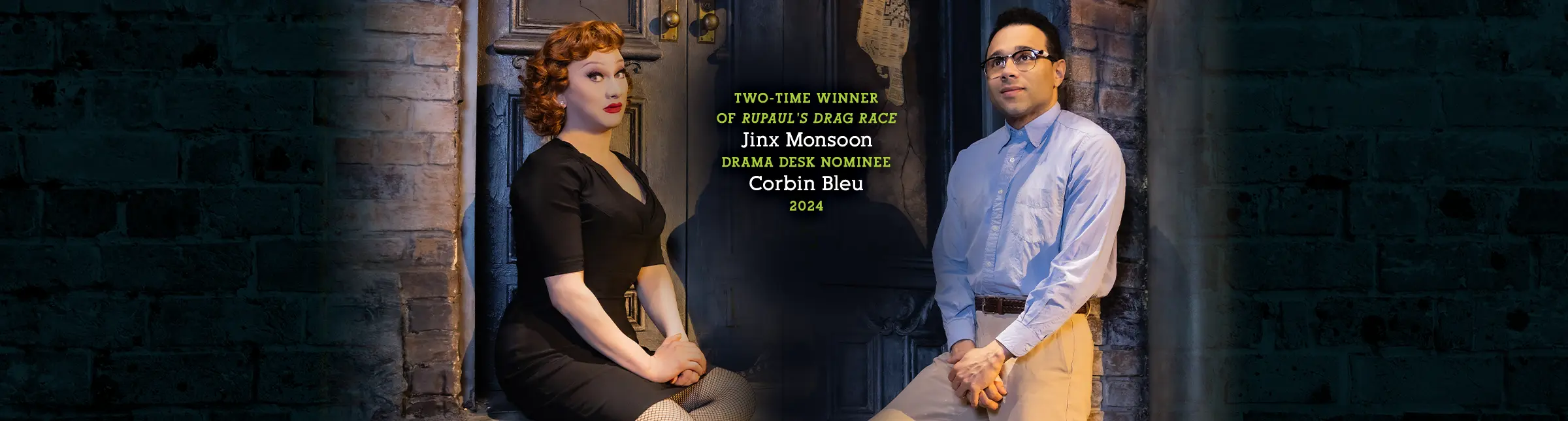 Jinkx Monsoon and Corbin Bleu in the 2024 Broadway cast of Little Shop of Horrors, performing as part of the acclaimed musical revival.