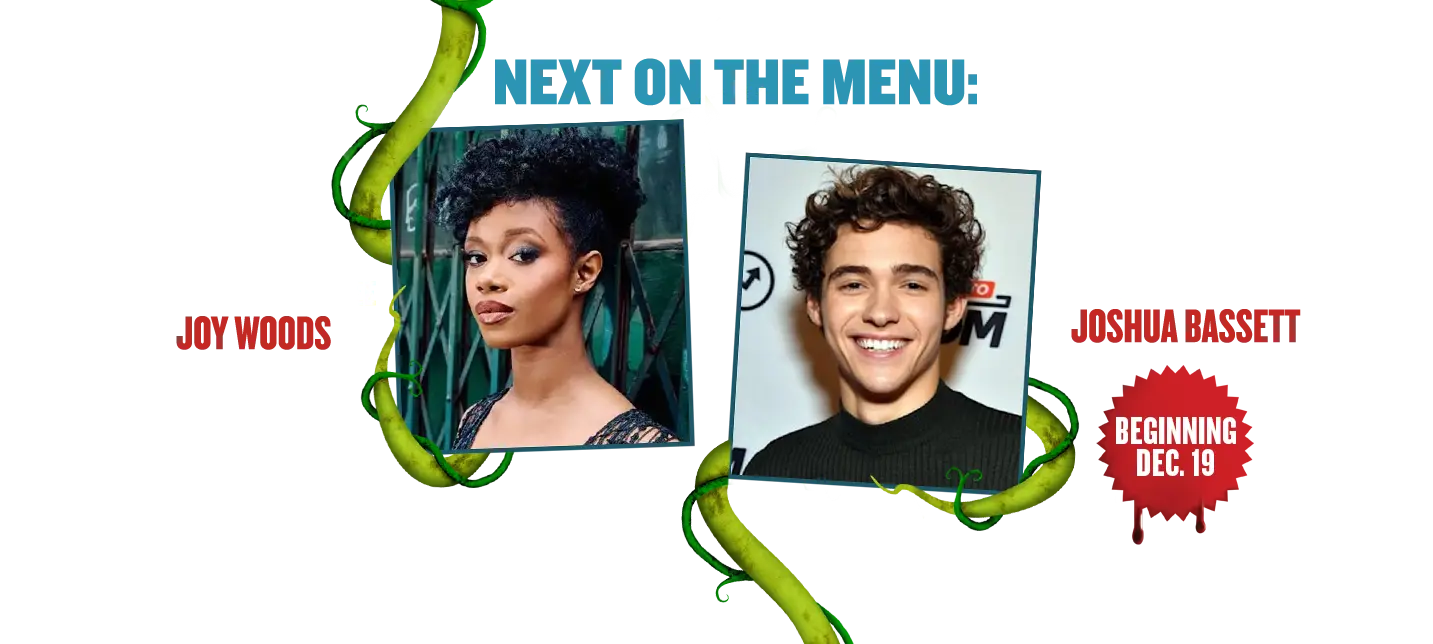 Scene from Little Shop of Horrors featuring Seymour confronting the giant Audrey II plant on stage at the Westside Theatre, with the tagline ‘Our talent is 100% fresh guaranteed.