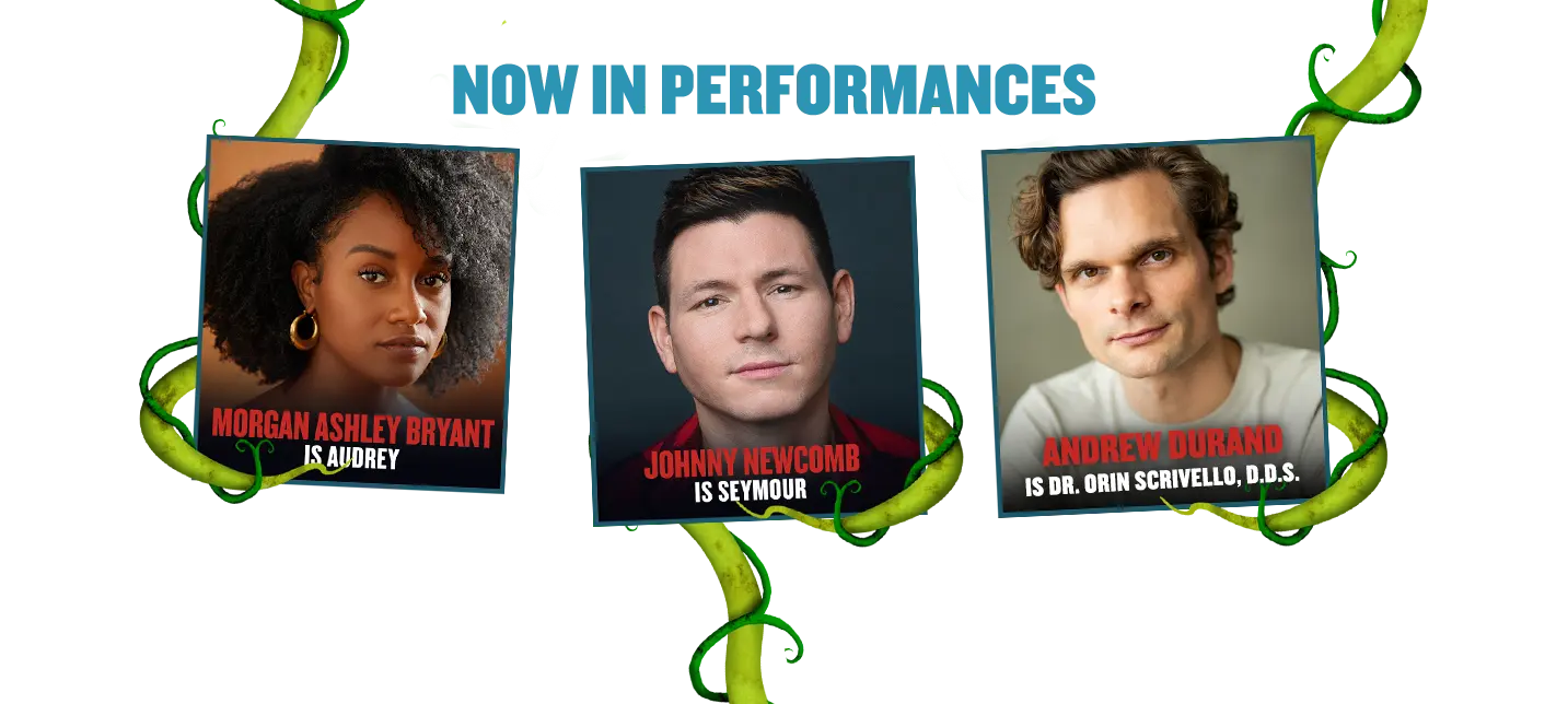 Promotional graphic titled ‘Next on the Menu.’ On the left is a photo of a woman with short curly hair, labeled ‘Joy Woods.’ On the right is a photo of a smiling young man, labeled ‘Joshua Bassett,’ with a red badge reading ‘Beginning Dec. 19.’ Green twisting vines frame both photos against a white background.