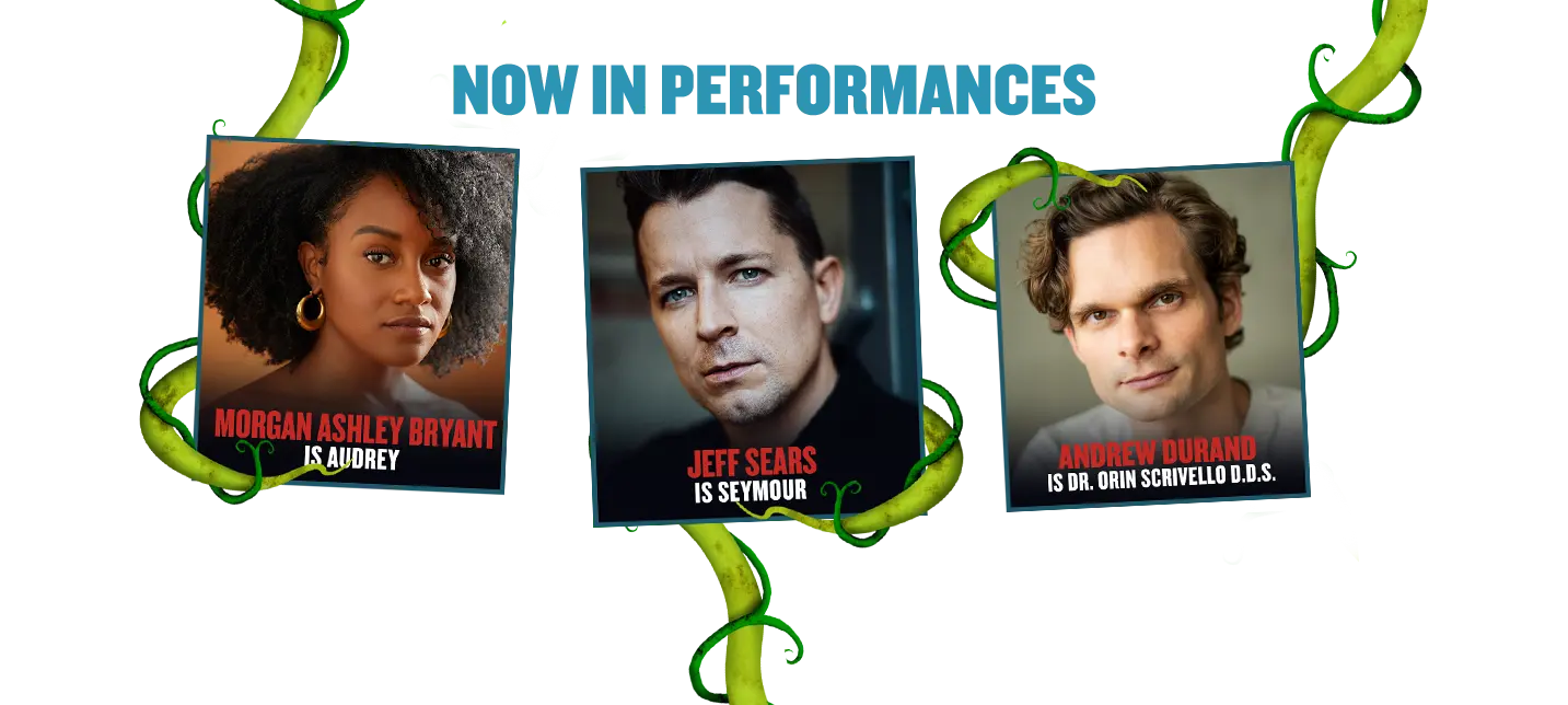 Promotional graphic titled ‘Next on the Menu.’ On the left is a photo of a woman with short curly hair, labeled ‘Joy Woods.’ On the right is a photo of a smiling young man, labeled ‘Joshua Bassett,’ with a red badge reading ‘Beginning Dec. 19.’ Green twisting vines frame both photos against a white background.